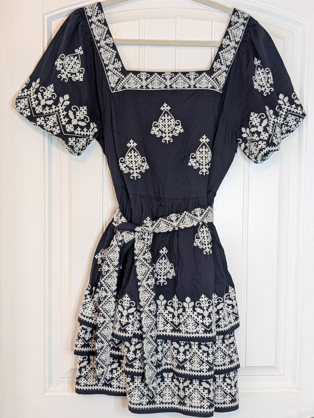 Boden RaRa Navy Blue Embroidered Puff Sleeve Square Neck Tiered Dress